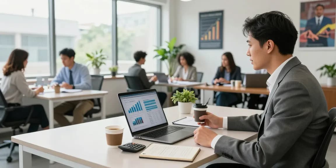 Exploring merchant cash advance options in a dynamic office setting with a consultant analyzing financial data.