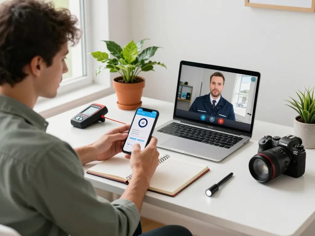 Rideshare driver using Lyft inspection online service in a home office setup with vehicle maintenance tools.