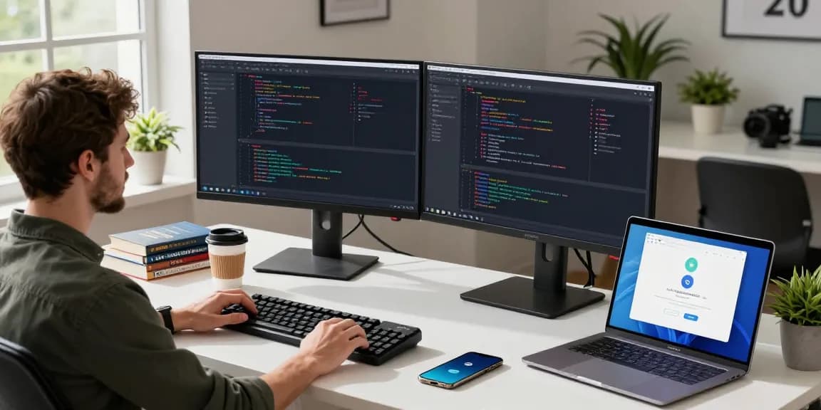 Seamless Telegram Download experience demonstrated on dual monitors in a modern tech workspace.