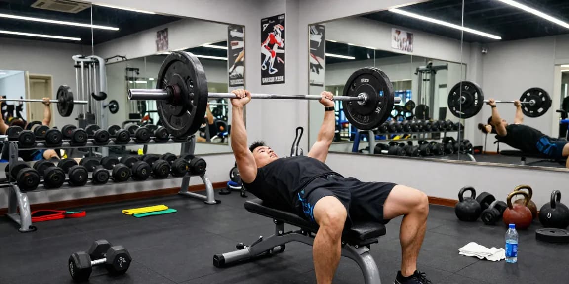 Krafttraining bei Steroidshop mit athletischem Mann, der Gewichte in einer dynamischen Fitnessumgebung drückt