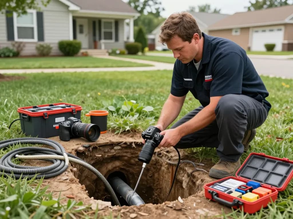 Sewer repair Northwest Indiana technician examining drain lines with tools in residential setting