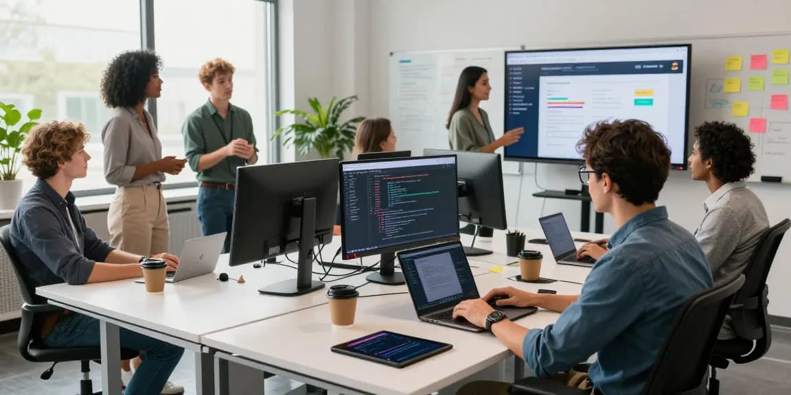 Collaboration at telegraimin.com office workspace with developers and screens displaying software