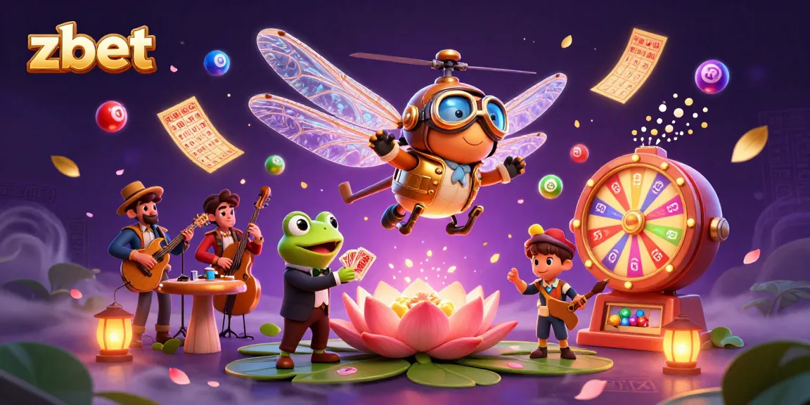 ZBET interactive casino scene with a dragonfly pilot, frog dealer, and jazz musicians, symbolizing online gaming.