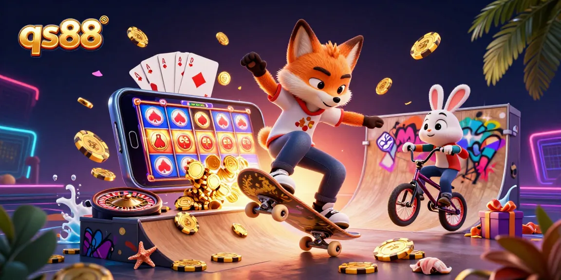 qs88 showcases the cartoon fox doing tricks over poker chips, thrilling slot gaming action.