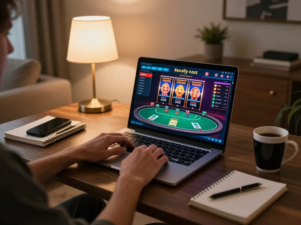 Engaging in online gameplay with lc88 link displayed on the laptop screen, cozy home atmosphere.
