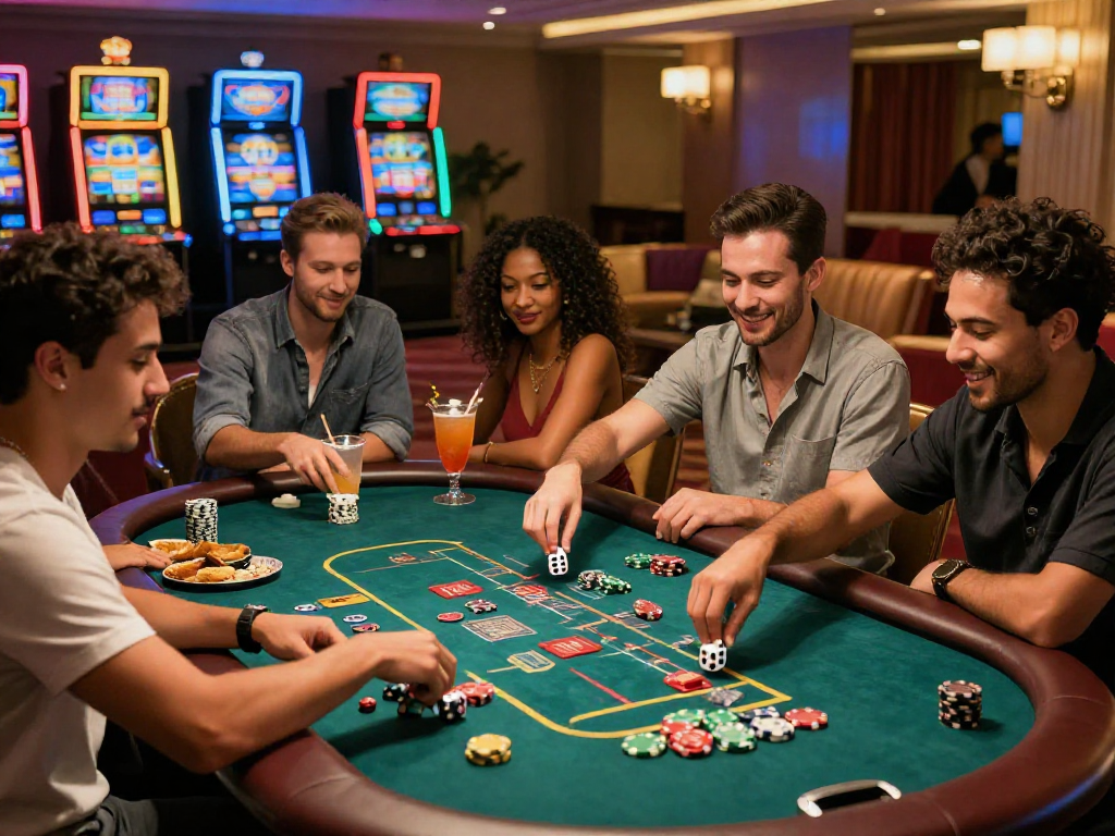 Giocatori entusiasti in un casino non AAMS sicuri con dadi e fiches, atmosfera vivace.