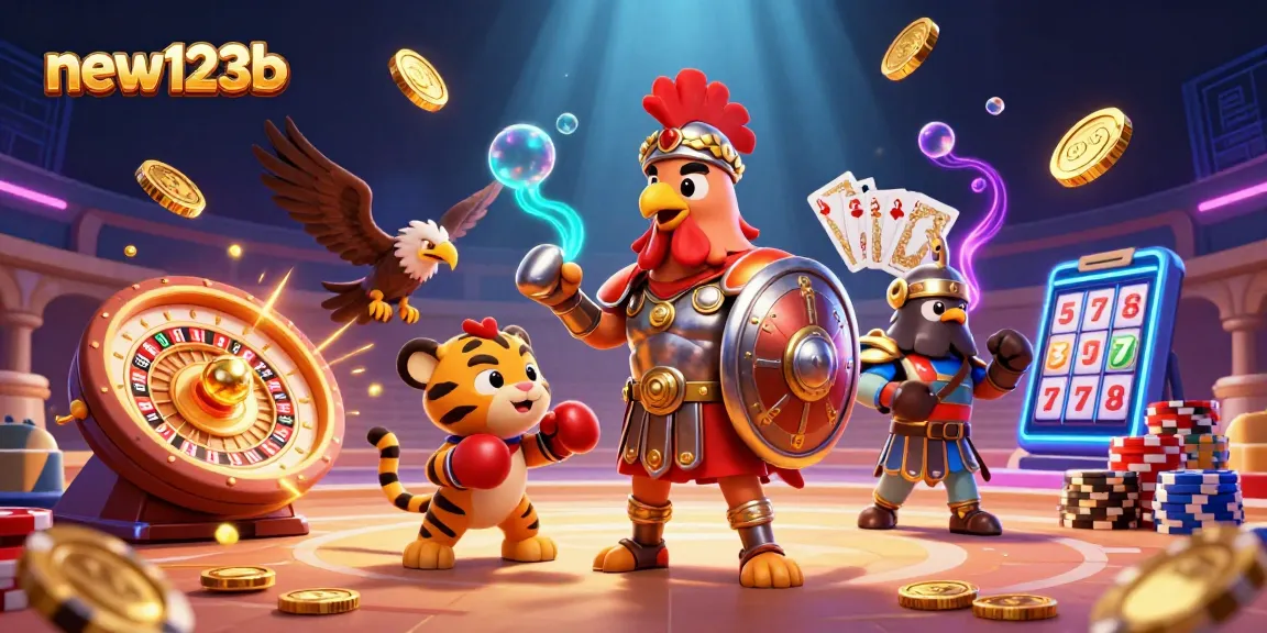 Win big with new123b in a vibrant 3D casino scene filled with gold coins and excitement.