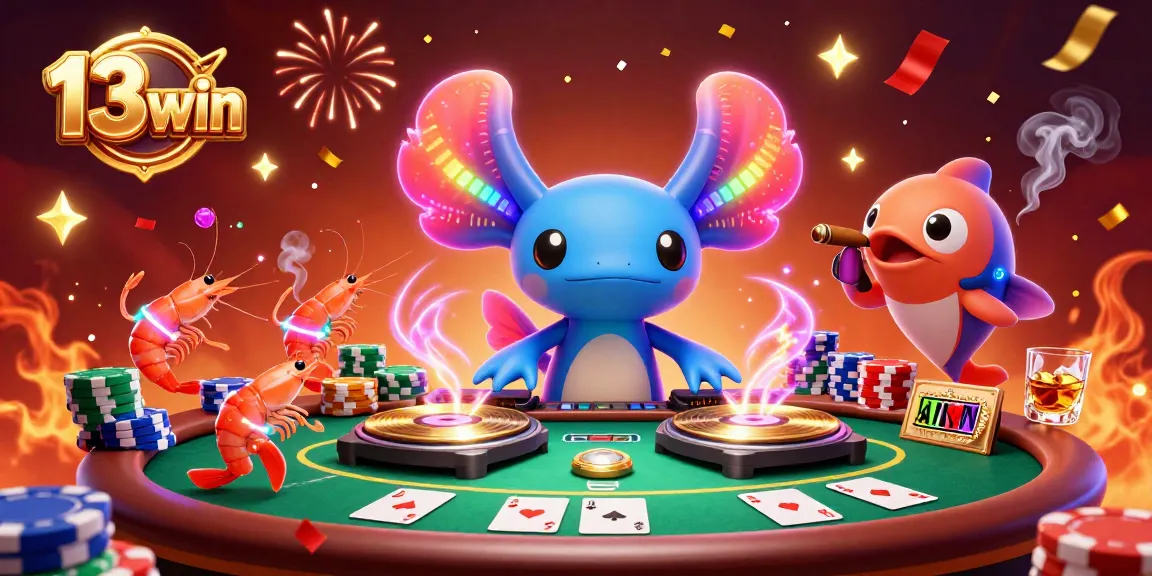 Engage with exciting 13win casino action featuring neon DJ and lively shrimp at a vibrant poker table.