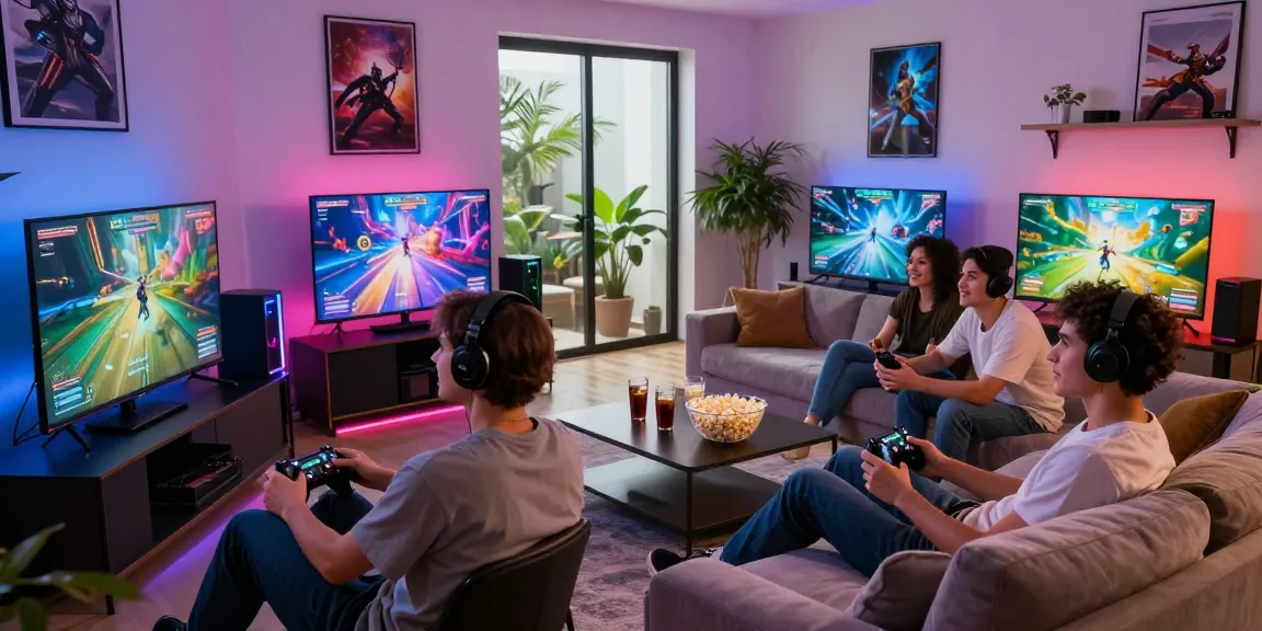 Friends enjoying an exciting iwin gaming session in a luxurious living room.