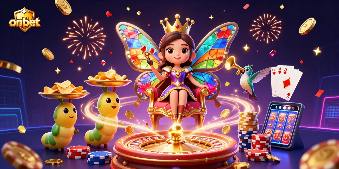 Play exciting games at onbet's colorful casino, featuring a vibrant butterfly queen and stunning elements.