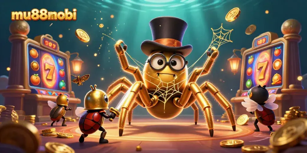Experience the excitement at mu88mobi with vibrant casino scenes featuring slots and a golden tarantula.