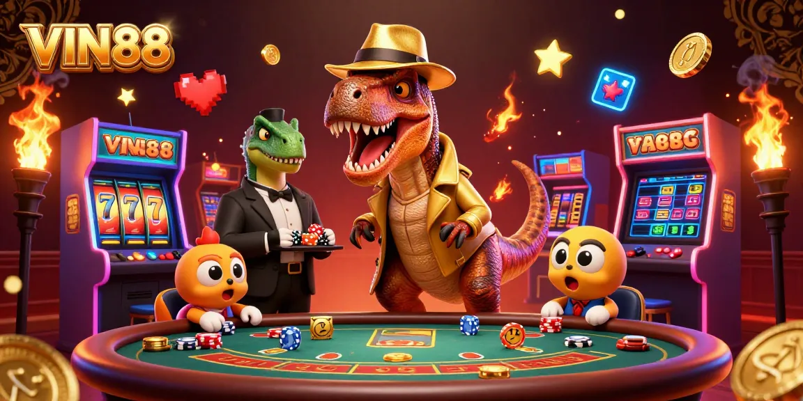 Experience the thrilling excitement of VIN88 at a blackjack table with animated characters in a lavish casino