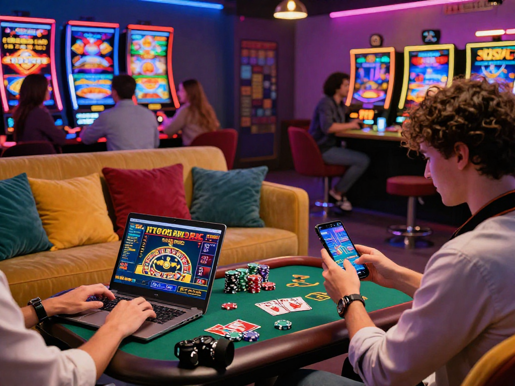 Giocatori entusiasti in un ambiente di casinò online non AAMS sicuri, interagendo con vari giochi e dispositivi mobili.