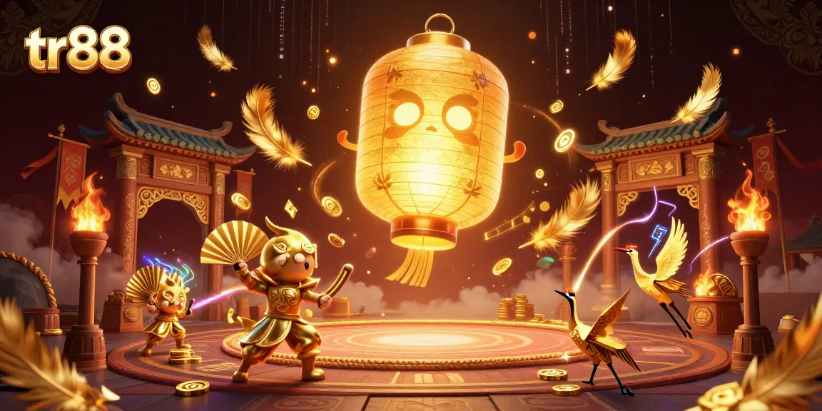 Tr88 casino scene features a glowing lantern spirit, warriors, and dynamic game elements in a vibrant night market.