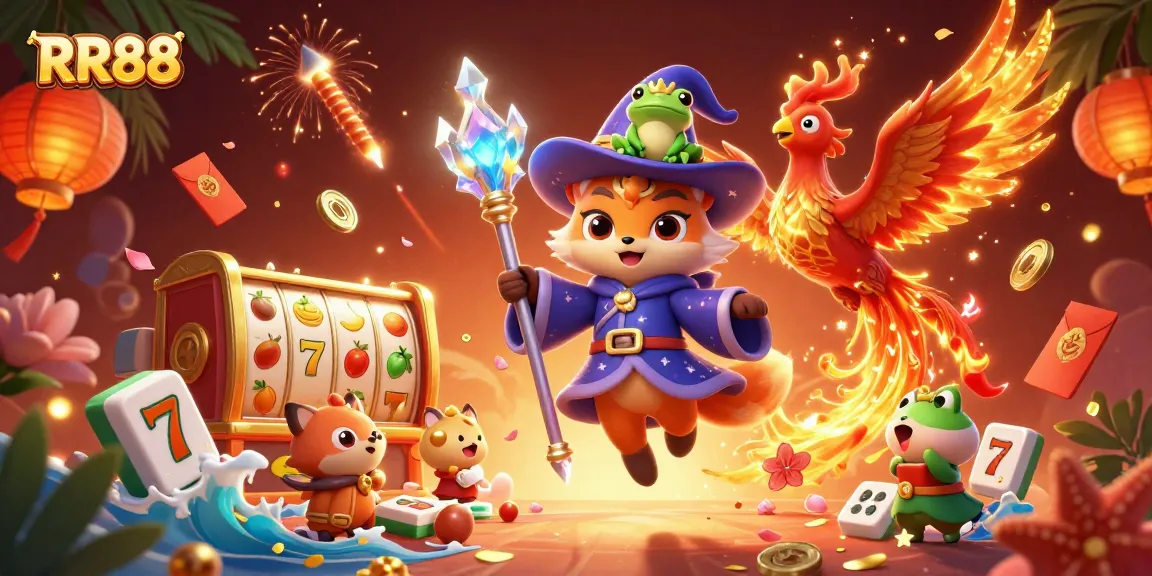 Experience the thrilling world of RR88 with vibrant slot reels and enchanting characters.