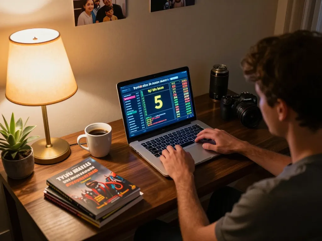 Player analyzing tỷ lệ kèo nhà cái 5 during an online betting session at home, highlighting strategy and engagement.