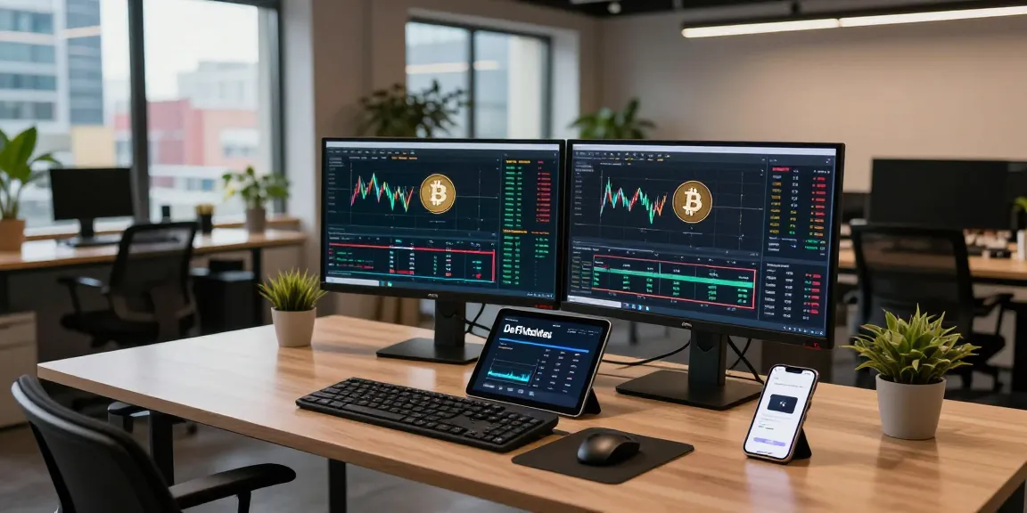 Funexchange crypto trading environment with live Bitcoin charts, digital wallet, and contemporary workspace setup.