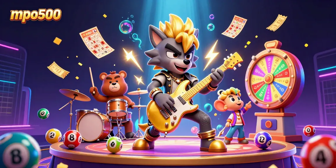 Experience mpo500 in action with vibrant lottery balls and engaging characters on a dynamic casino stage.