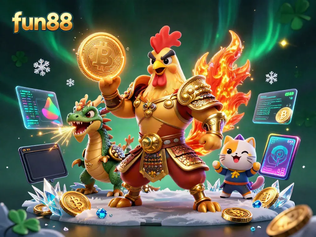 Experience fun88 with a vibrant 3D scene including a samurai rooster and dragon, showcasing exciting gaming elements.