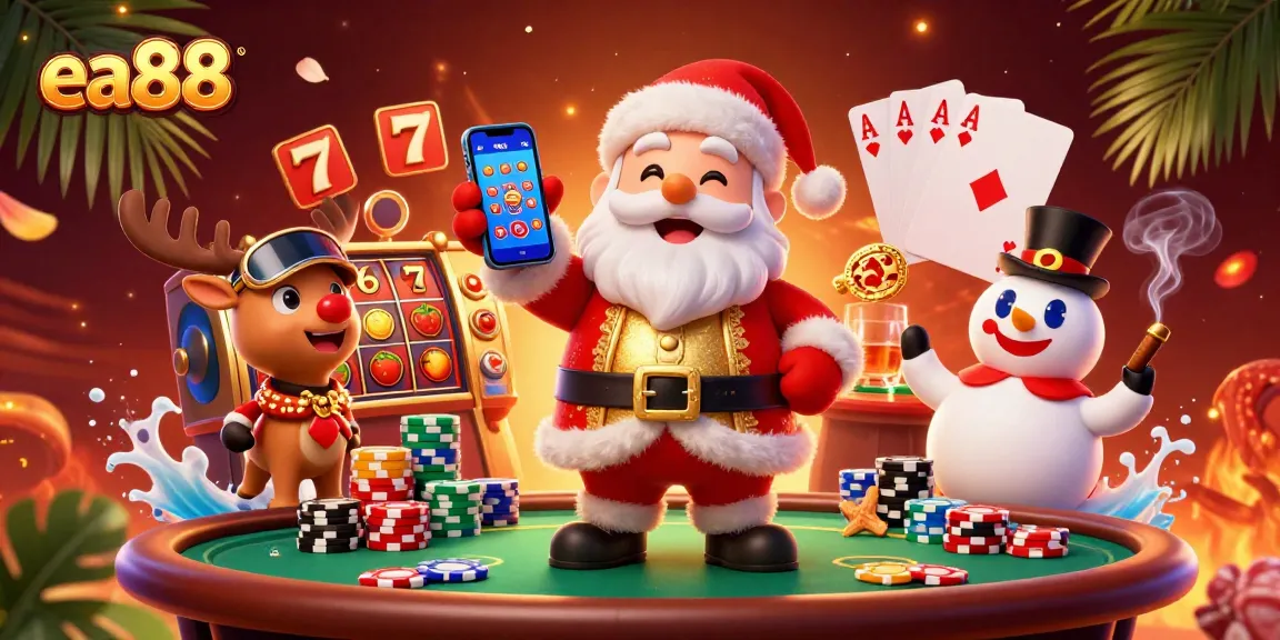 Experience slots excitement at ea88 with Santa Claus, a reindeer dealer, and a poker chip snowman!
