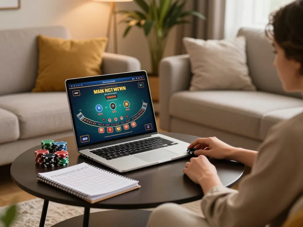 KJC user enjoying online blackjack game on a cozy sofa, exemplifying responsible gambling practices.