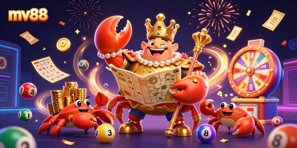 Experience exciting mv88 gaming with a golden crab emperor among vibrant casino elements.