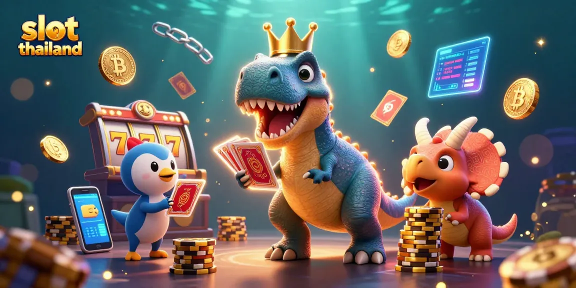Experience the thrill of slot thailand with a lively scene featuring a T-Rex and friends surrounded by jackpots and crypto coins.