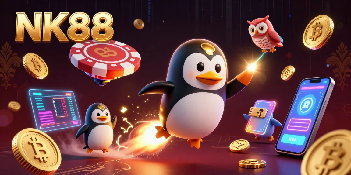 Experience thrilling gaming at NK88, featuring exciting casino elements in vibrant illustration.