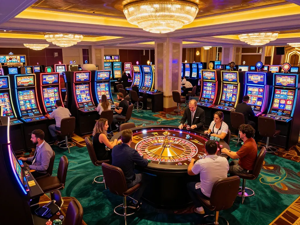 Pemain menikmati pengalaman bermain rokok88 di kasino yang meriah, mesin slot yang cerah dan meja roulette.