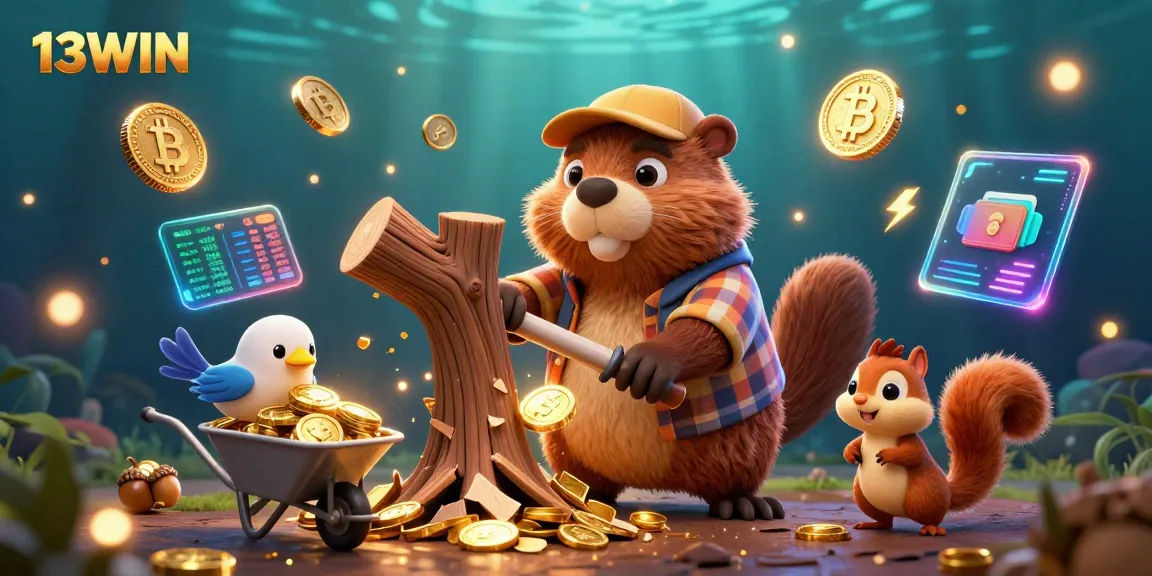Experience the excitement of 13WIN with golden coin rains and vibrant characters in a thrilling casino scene.