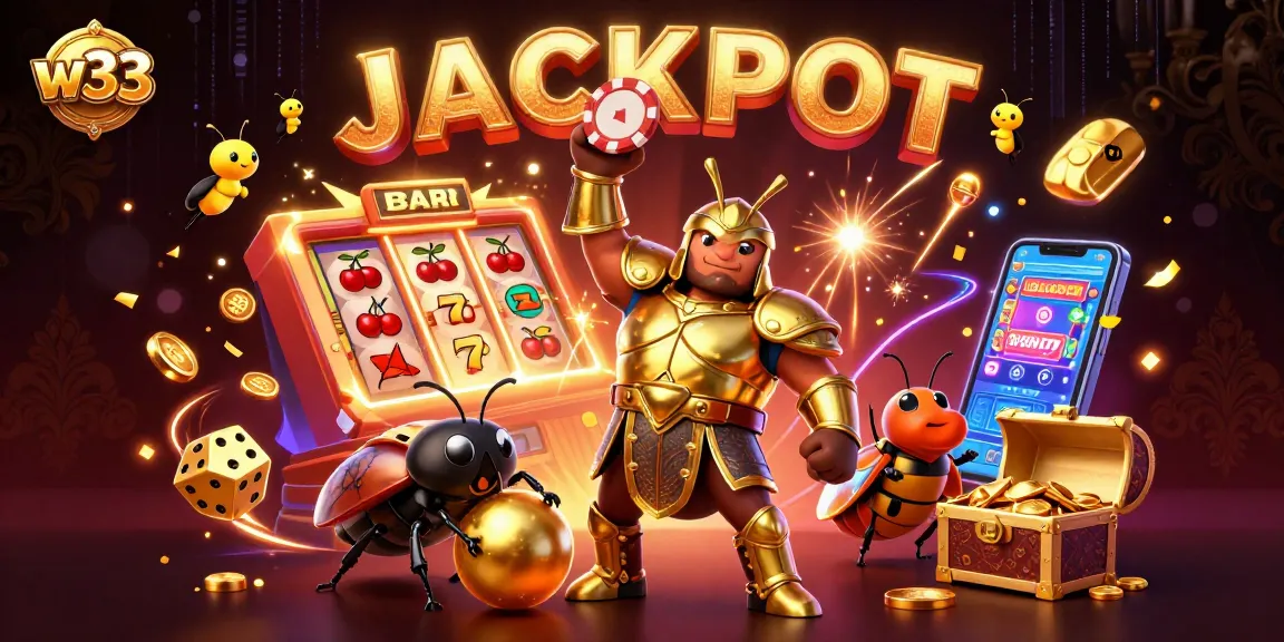 Engage with w33's online slots as a beetle hero celebrates a jackpot victory amidst vibrant casino elements.