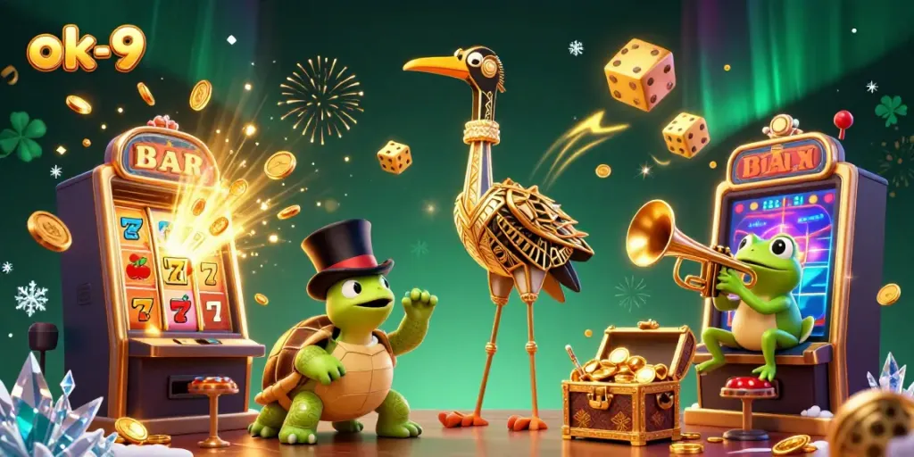 Experience the thrill of ok-9 with vibrant slot machines and charming cartoon characters in an electrifying setting.