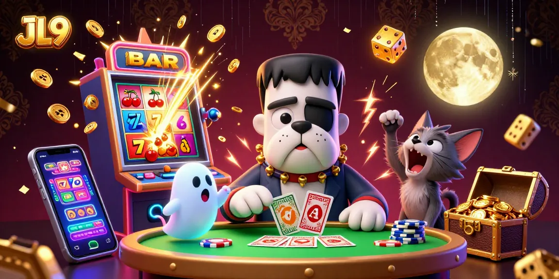 JL9 online casino features a whimsical casino scene with a cartoon bulldog dealer and exciting game elements.