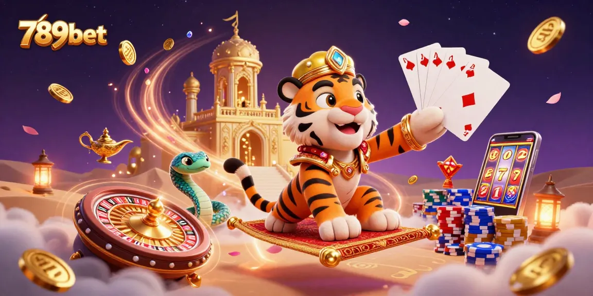 Experience thrilling gaming with 789bet's ultra-detailed casino adventure illustration featuring a tiger sultan and magical elements.