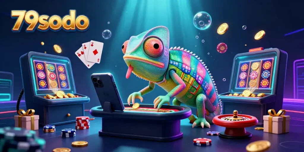 Experience the vibrant world of 79sodo with dynamic gaming elements and a colorful chameleon.