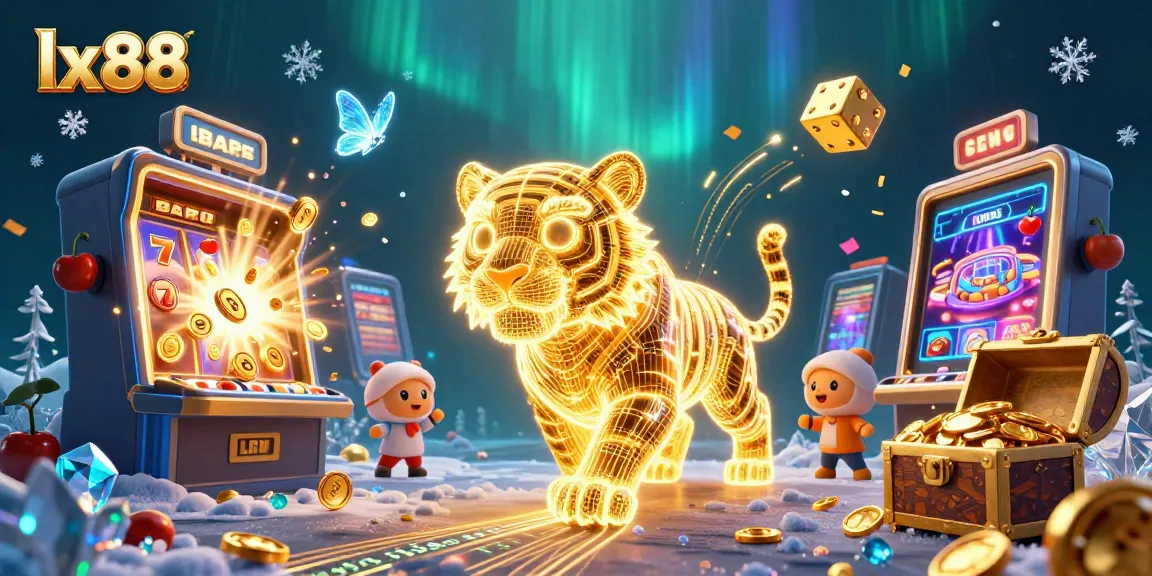 Experience excitement with lx88 as a golden tiger prowls a vibrant casino landscape bursting with jackpots and wins.