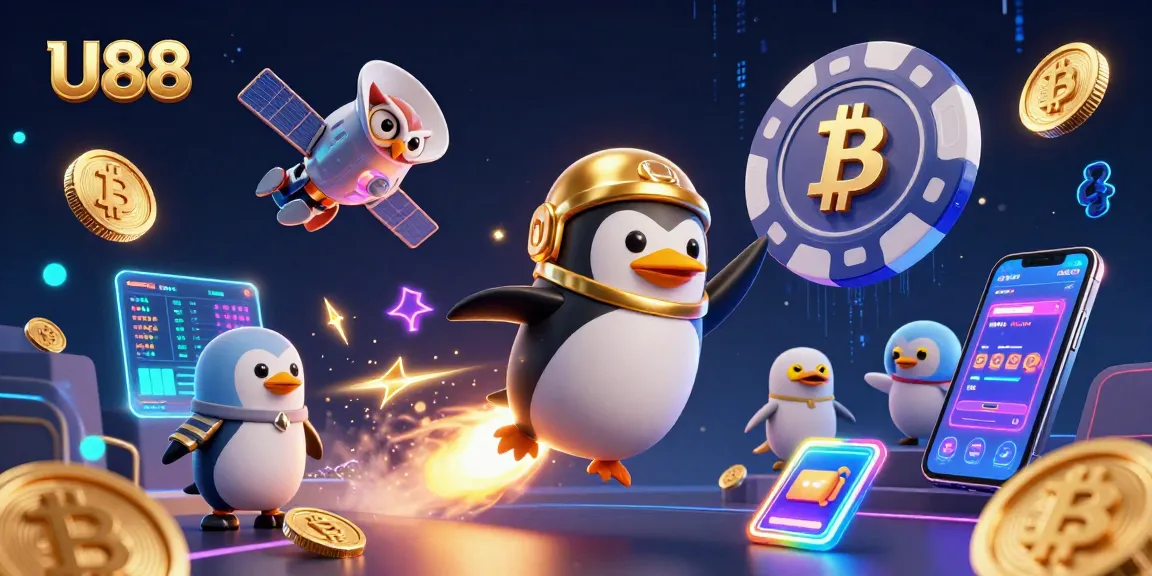 Experience winning excitement with U88 in a vibrant 3D casino illustration featuring a golden penguin.