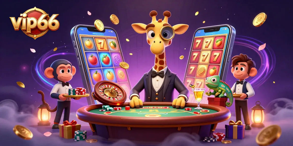 Experience the excitement at vip66 with a cartoon giraffe, monkey, and chameleon in a vibrant casino scene.