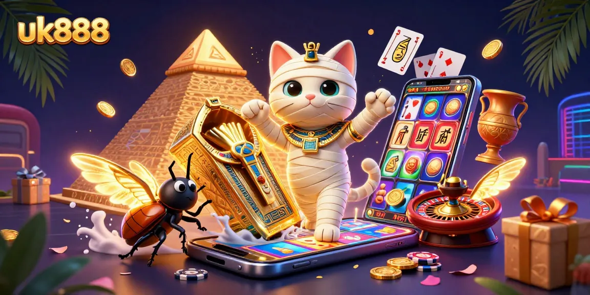 uk888 illustrates an Egyptian mummy cat emerging from a sarcophagus amidst vibrant casino elements.