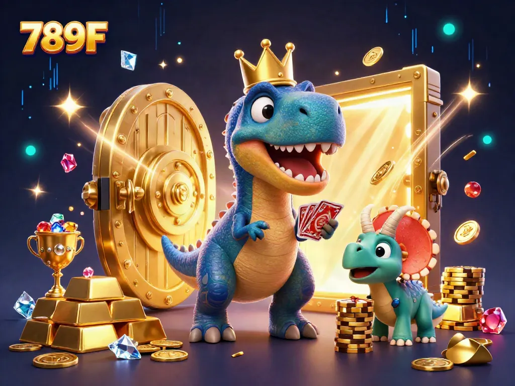 Experience thrilling gaming at 789F with a T-Rex playing cards in an exciting casino scene.