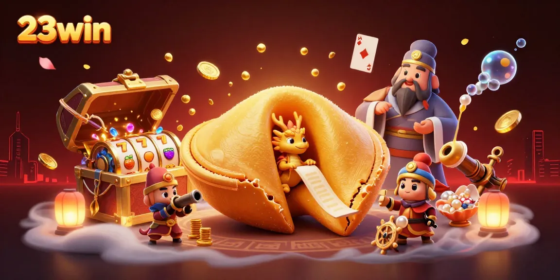 Experience 23win's thrilling slots with a golden fortune cookie and vibrant casino elements.