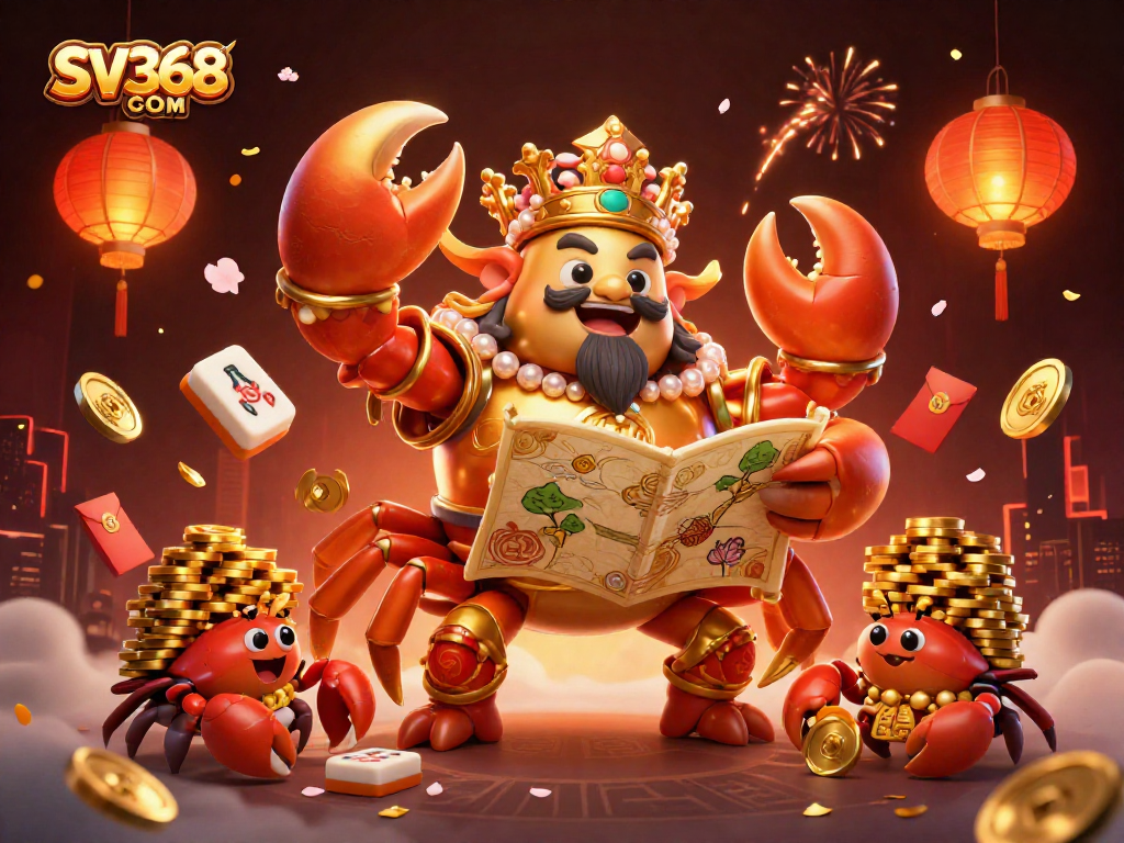 Engage with SV368 COM's thrilling gaming world featuring a golden crab emperor amidst fireworks and lucky symbols.