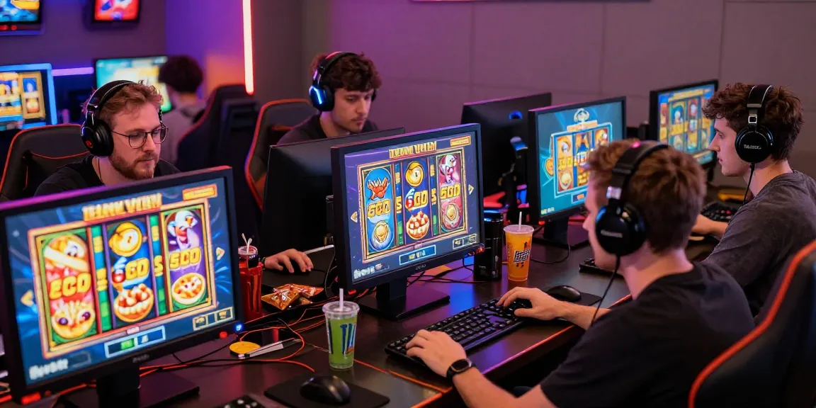 Engaged gamers enjoying slot depo 5000 games in vibrant gaming lounge