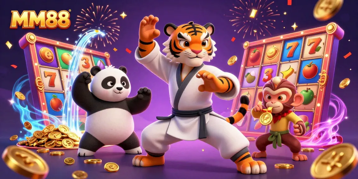 Experience the excitement at MM88 with a kung fu tiger mastering slot gaming, surrounded by dynamic lottery elements.