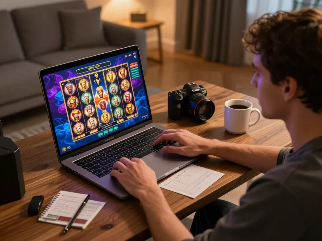 Player celebrating a win while gaming on mm88's online slot machine, showcasing an engaging home setup