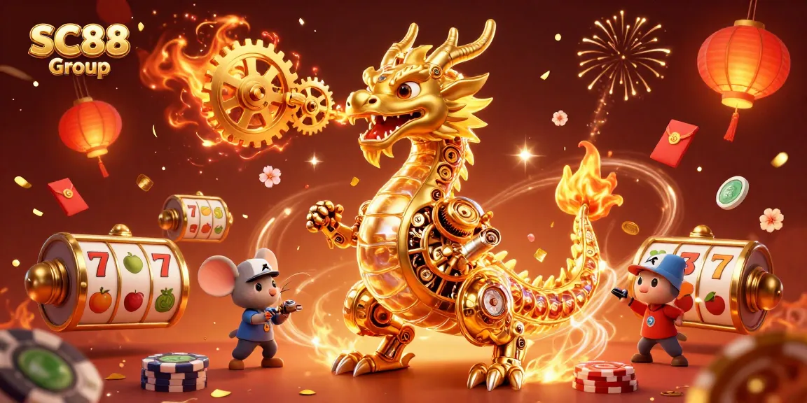 Engage with SC88 Group’s exhilarating slots experience illustrated by a vibrant 3D golden dragon scene.