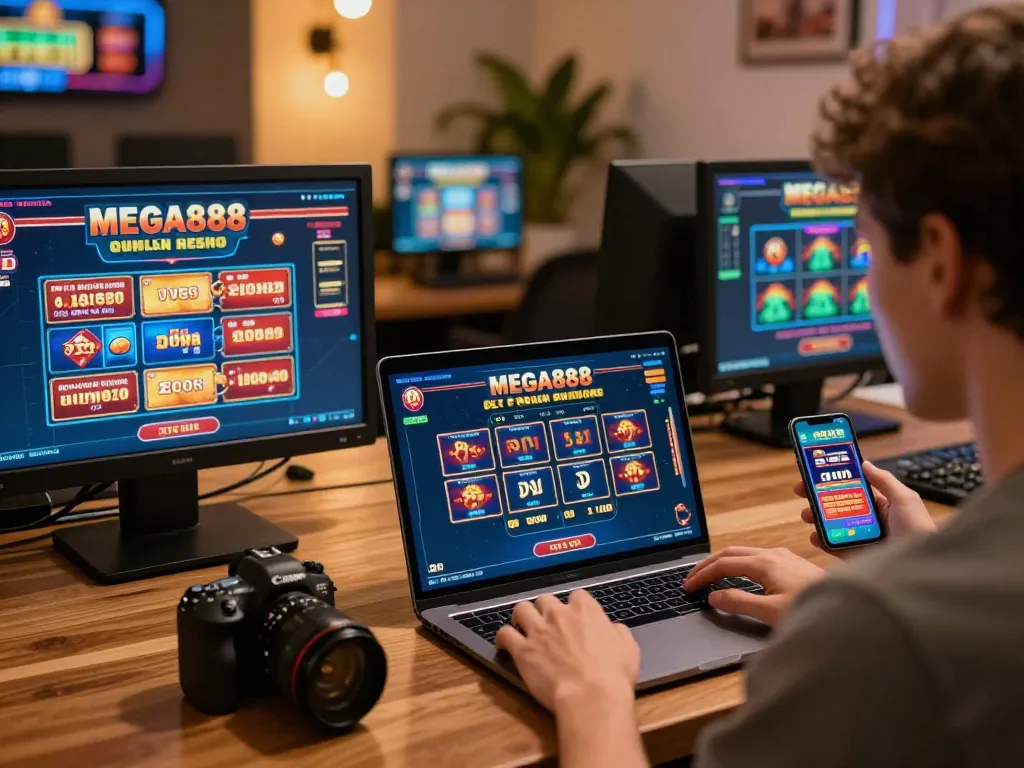 Engaging in MEGA888 online gaming with laptop, smartphone, and strategic notes for responsible betting.