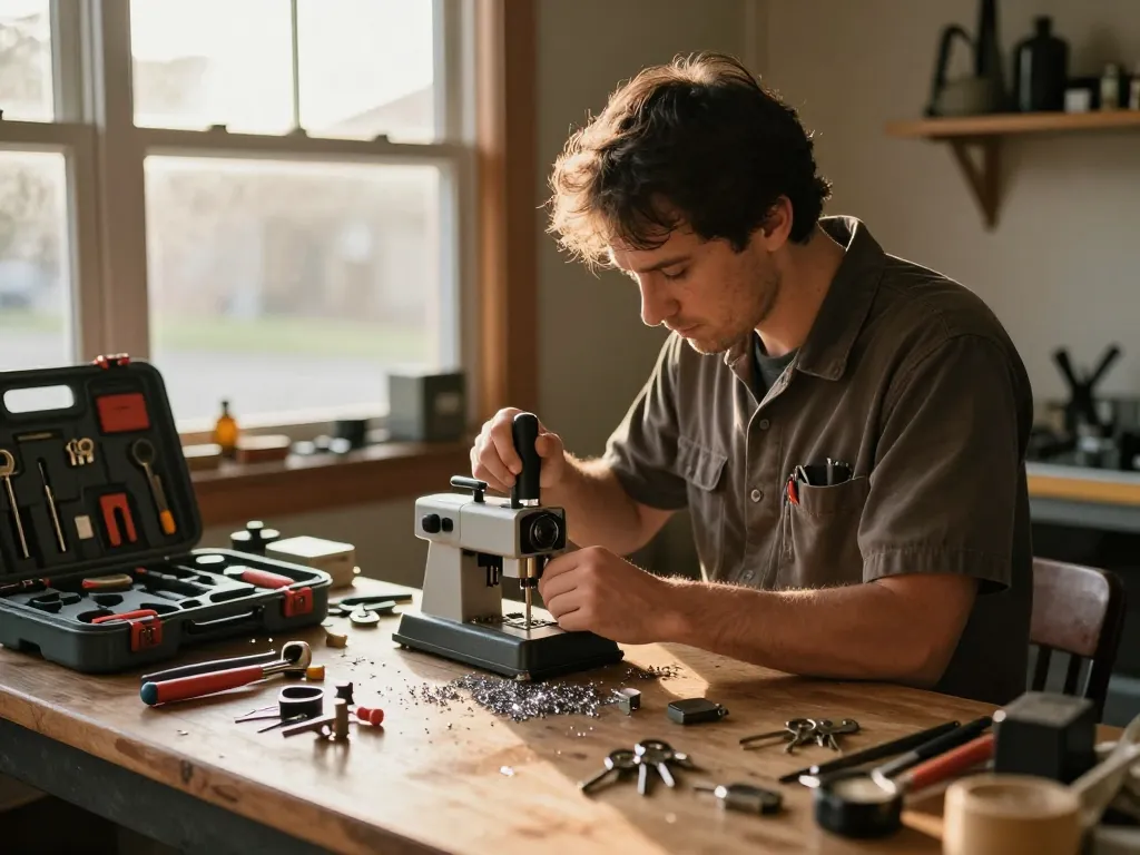 Locksmith in Jensen Beach crafting keys at a workstation with tools.