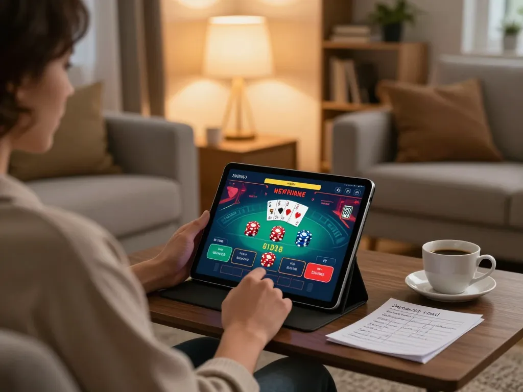Nohu90 player engaged in exciting online poker game at home with tablet.
