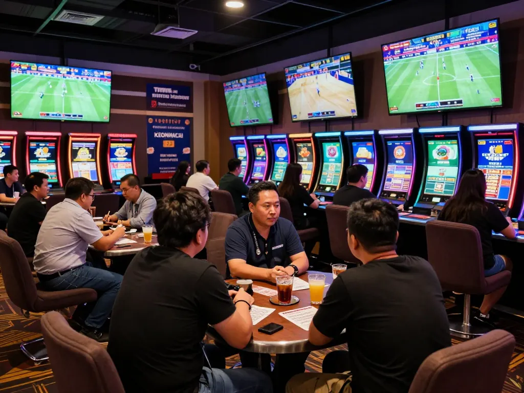 Excited gamblers placing wagers at the keonhacai sports betting lounge during live games